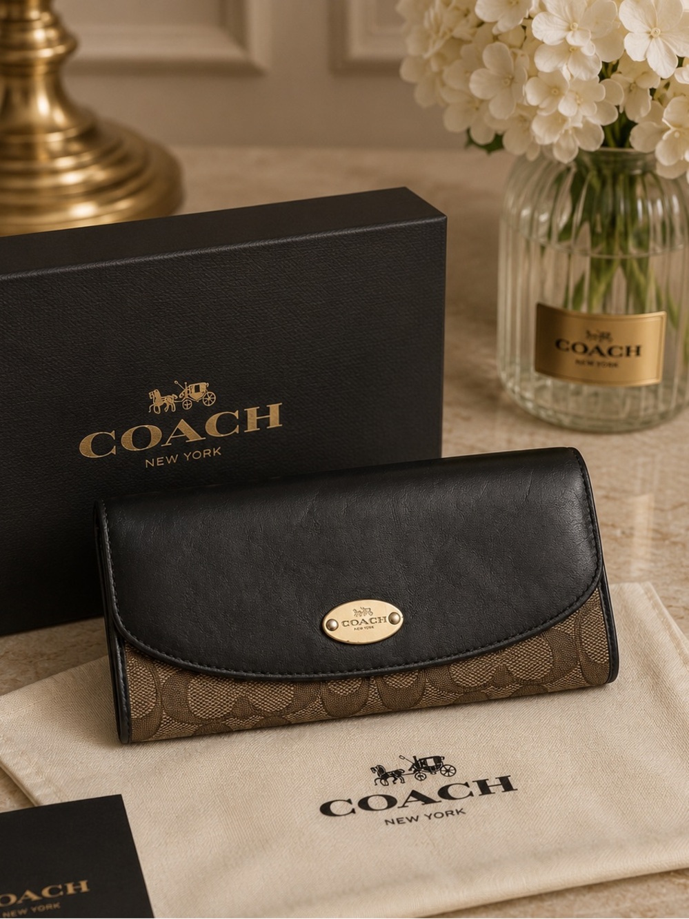 Coach Signature Canvas Slim‎ Envelope Wallet Black Brown Leather Gold Logo OS